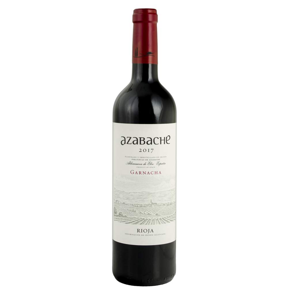 383717_0002 Rotwein Azabache Garnacha mit cremefarbenem Etikett und Rioja-Landschaft