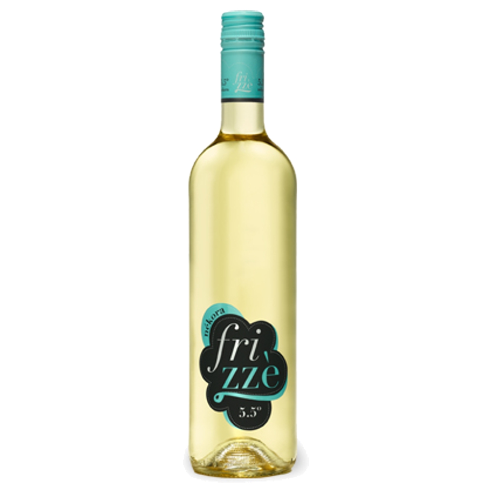 451116_0002 Nekora Frizze Verdejo Rueda lieblich, helle Flasche mit türkisfarbenem Schraubverschluss und schwarzem Etikett mit türkisfarbener Schrift