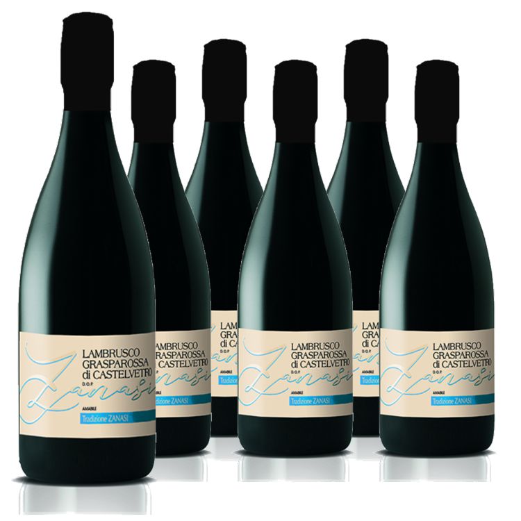 452620_ZANASI_AMABILE_6ER_PAKET_0001 Sechserpack Lambrusco Grasparossa di Castelvetro Amabile Zanasi, sechs dunkle Flaschen mit cremefarbenem Etikett und hellblauer Schrift, jeweils mit Naturkorkverschluss und schwarzer Folie
