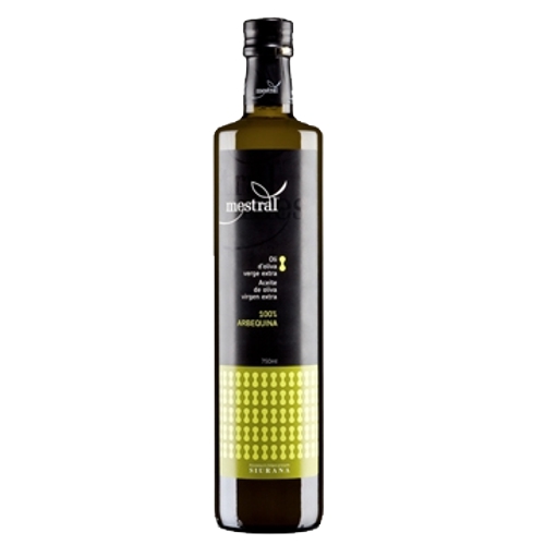 430001_0001 Arbequina Mestral Olivenöl Virgen Extra in schlanker, dunkler Glasflasche mit schwarzem Etikett und gelbgrünem Muster, 750 ml Inhalt