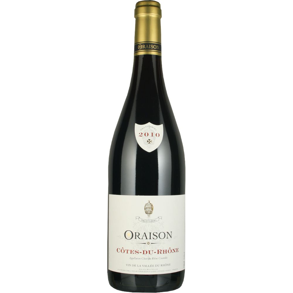 323611_0001 Flasche Rotwein Oraison Côtes-du-Rhône mit goldener Kapsel und Jahrgang 2010 auf dem Etikett