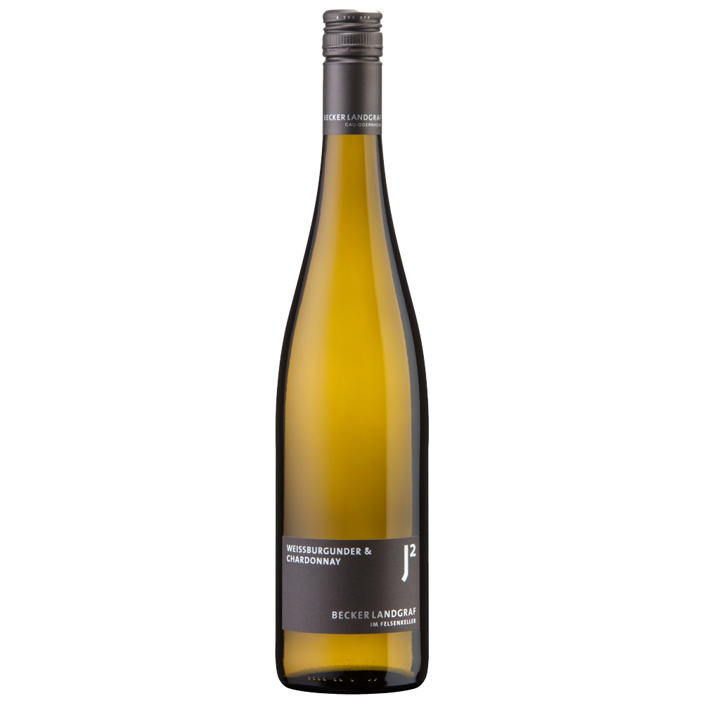 4248_0001 Becker Landgraf Weißburgunder Chardonnay in schlanker Flasche mit silbernem Schraubverschluss und schwarzem Etikett mit weißer Schrift