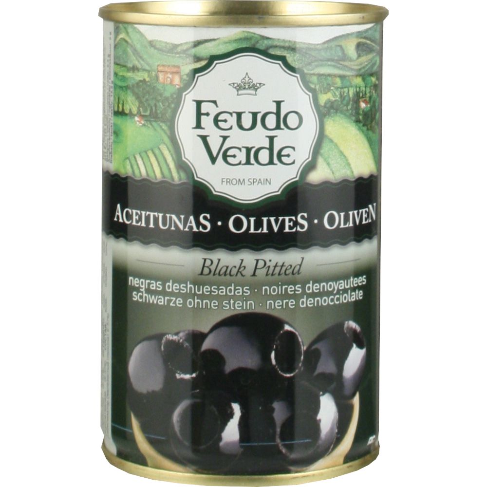 3547_0001 Blechdose Feudo Verde spanische schwarze Oliven entsteint, grünes Etikett mit Landschaftsillustration und schwarzen Oliven