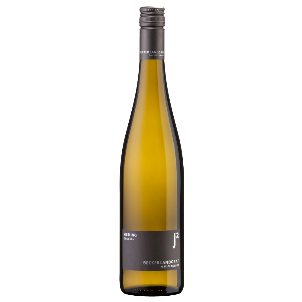 4249_0001 Becker Landgraf Riesling trocken in schlanker Flasche mit silbernem Schraubverschluss und schwarzem Etikett mit weißer Schrift