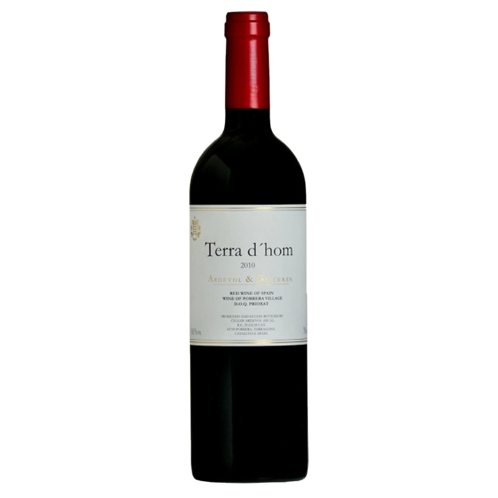 4204_0002 Rotweinflasche mit roter Kapsel und weißem Etikett „Terra d’hom 2010“ aus Spanien