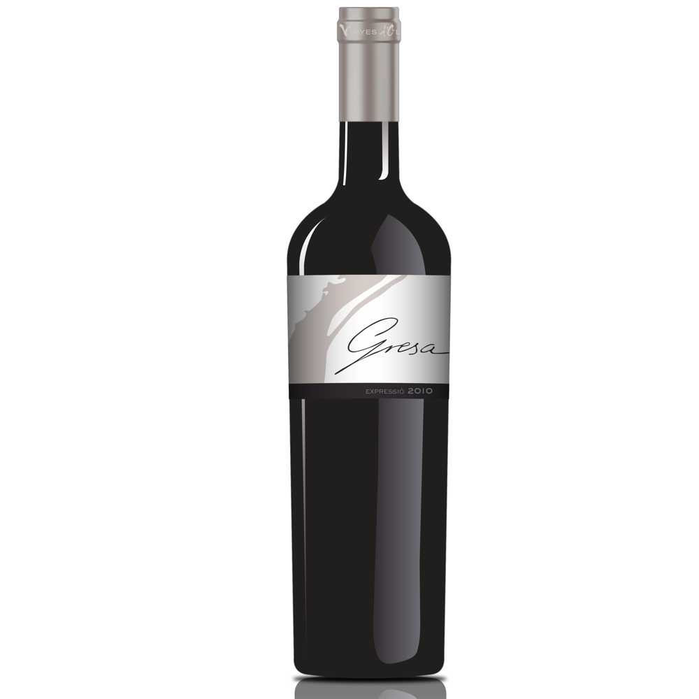 402410_0004 Rotwein Gresa Expressió Olivardots mit silber-grauem Etikett auf dunkler Flasche