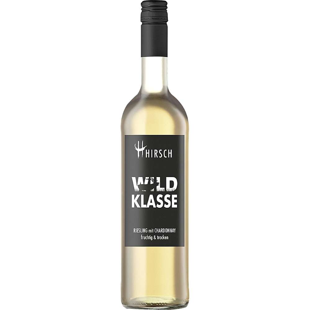 471519_HIRSCH_WILDKLASSE_RIESLING_CHARDONNAY_0001 Weißwein Hirsch Wildklasse Riesling Chardonnay in klarer Flasche mit schwarzem Etikett und Schraubverschluss