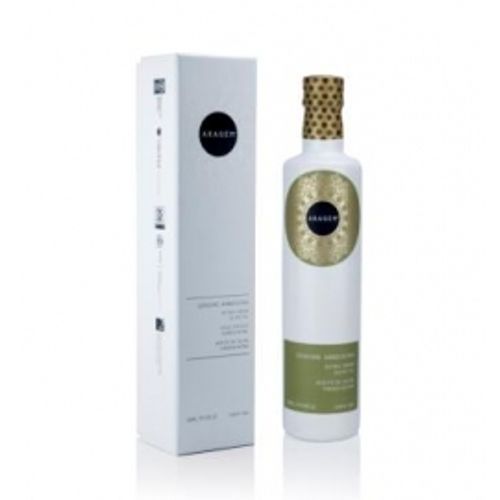 Olivenöl Aragem Virgen Extra in eleganter weißer Flasche mit goldgrünem Etikett und passender Geschenkbox