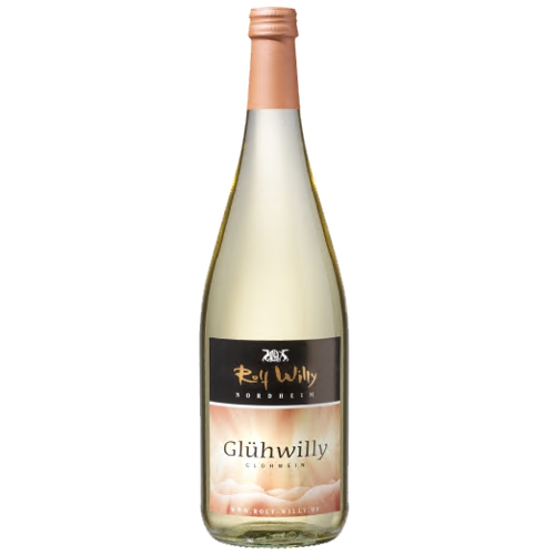 421401_GLUEHWILLY_WEISS_0001 Helle Flasche mit schwarzem Etikett und goldener Schrift „Glühwilly“ – weißer Glühwein