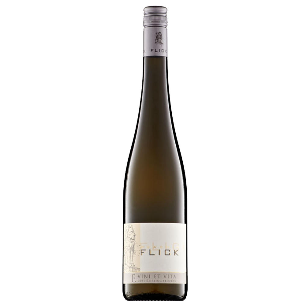 3494_0001 Weißwein Riesling Vini et Vita trocken von Joachim Flick in hoher Schlegelflasche mit silberner Kapsel und hell gestaltetem Etikett