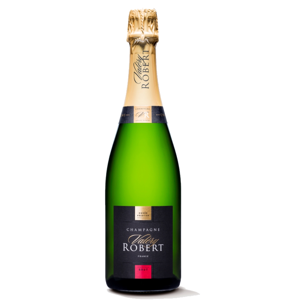 3569A_0003 Champagner Brut Prestige Valery Robert 375ml Flasche mit goldenem Folienverschluss und schwarzem Etikett