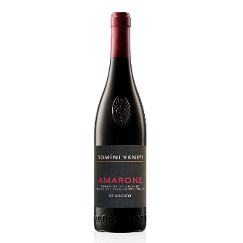Dunkle Weinflasche mit Korkverschluss und roter Kapsel, schwarzes Etikett mit rotem Schriftzug Amarone, Weingut Domini Veneti