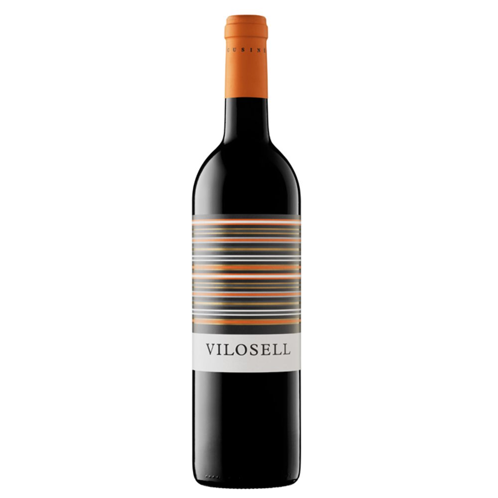 382517_ROTWEIN_VILOSELL_TINTO_TOMAS_CUSINE_COSTERS_DEL_SEGRE_0001 Rotweinflasche Vilosell Tinto von Tomàs Cusiné mit modernem Etikett aus farbigen Querstreifen und weißem Schriftfeld