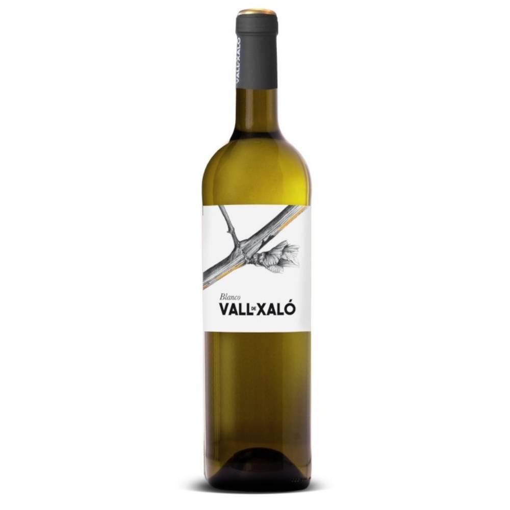 402120_VALL_DE_XALO_0001 Weißwein Vall de Xaló Blanco mit schlichtem Etikett und Rebenzweig-Illustration