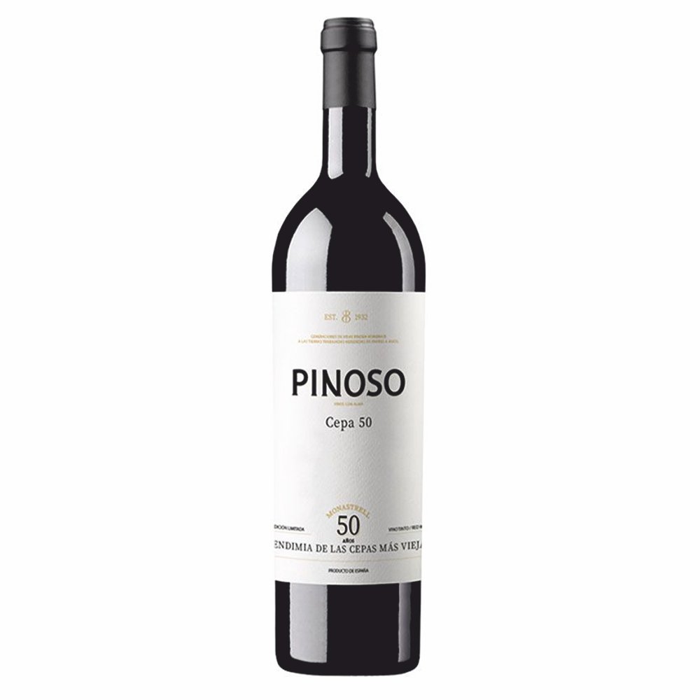 458121_PINOSO_CEPA50_0001 Flasche Pinoso Cepa 50 Bio Rotwein vom Weingut Bodega de Pinoso, schlichtes weißes Etikett, dunkle Kapsel