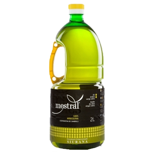 430002_0001 Arbequina Mestral Olivenöl Virgen Extra in grüner 2-Liter-PET-Flasche mit gelbem Henkel und schwarzem Etikett
