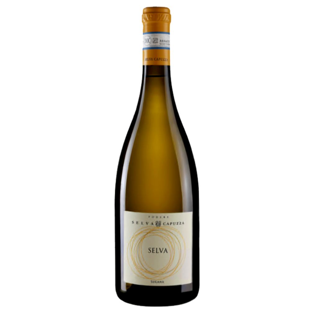 359521_LUGANA_SELVA_CRU_0001 Lugana Weisswein Selva vom Gardasee in eleganter Schlegelflasche mit hellem Etikett und goldenen Akzenten