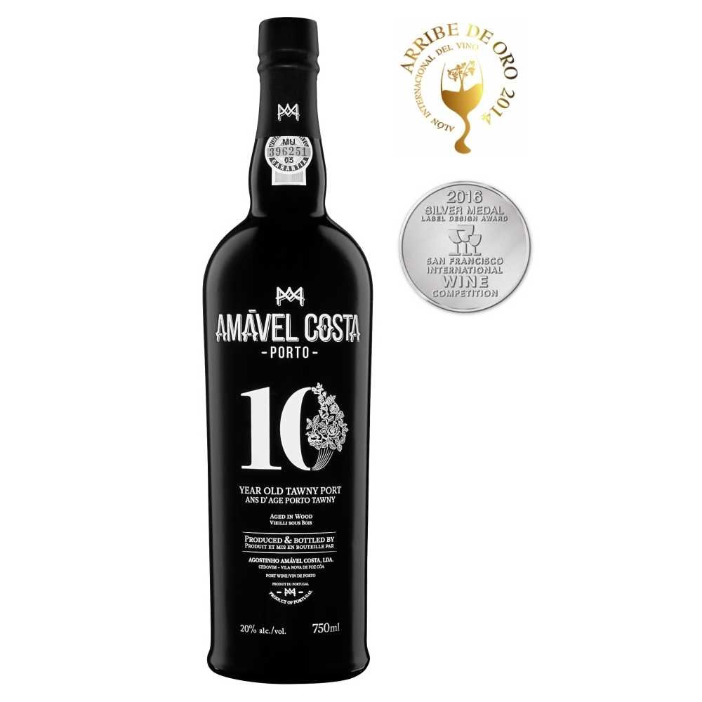 4633-V2_0002 Tawny Portwein vom Weingut Amável Costa, 10 Jahre gereift, schwarze Flasche mit weißer Aufschrift, Medaillenabbildung