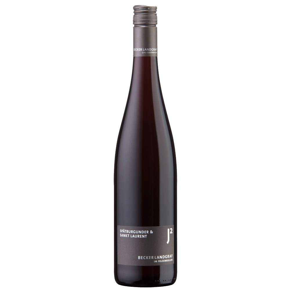 4250_0001 Becker Landgraf Spätburgunder & Sankt Laurent in schlanker Flasche mit silbernem Schraubverschluss und schwarzem Etikett mit weißer Schrift