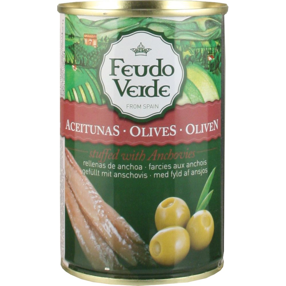 3553_0001 Feudo Verde spanische grüne Oliven mit Sardellenfüllung, grün-rotes Etikett mit Landschaftsmotiv, Sardellen- und Olivenabbildung