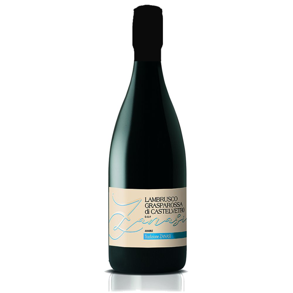 452620_ZANASI_AMABILE_0001 Lambrusco Grasparossa di Castelvetro Amabile Zanasi, dunkle Flasche mit cremefarbenem Etikett und hellblauer Schrift, Naturkorkverschluss mit schwarzer Folie umwickelt