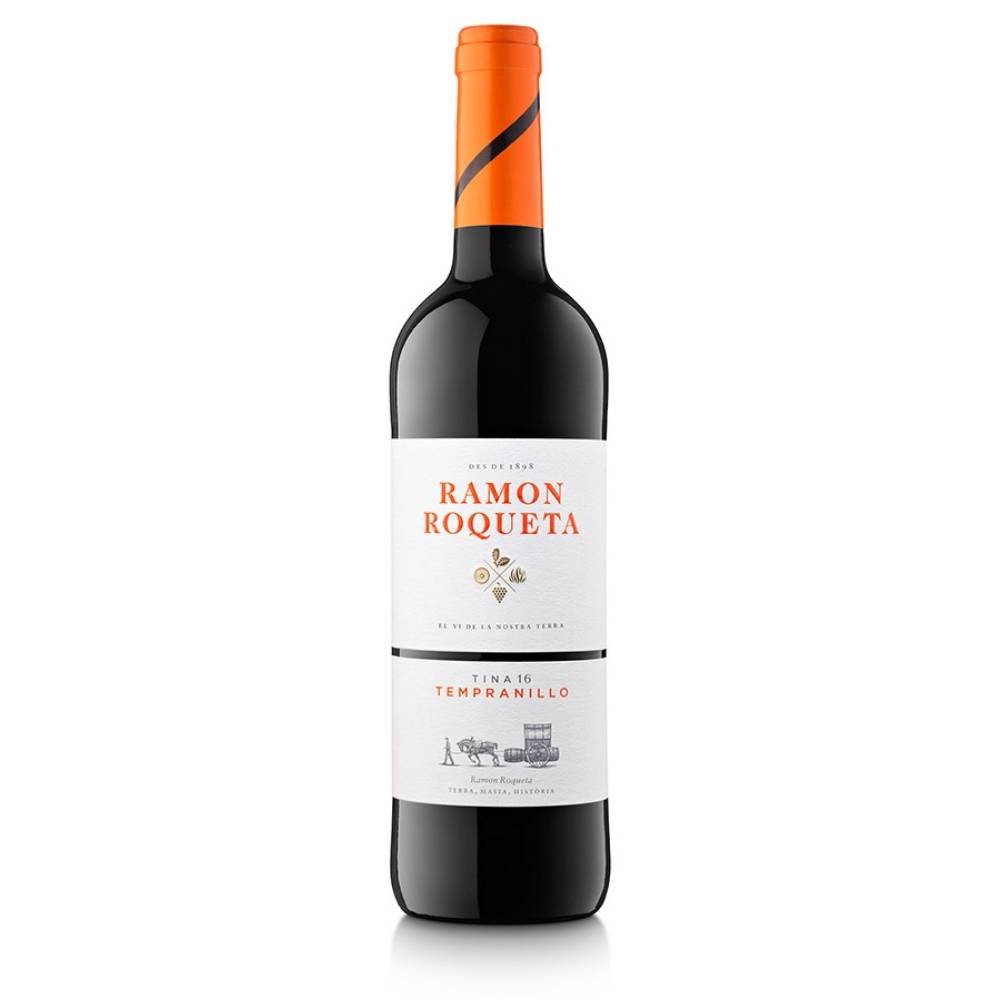 389319_ROQUETA_TEMPRANILLO_0001 Rotweinflasche Ramon Roqueta Tempranillo mit weißem Etikett und orangefarbenem Schraubverschluss