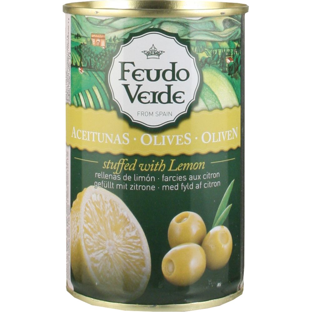 3550_0002 Blechdose Feudo Verde spanische grüne Oliven mit Zitronenfüllung, grün-gelbes Etikett mit Landschaftsmotiv, Zitrone und Olivenabbildung
