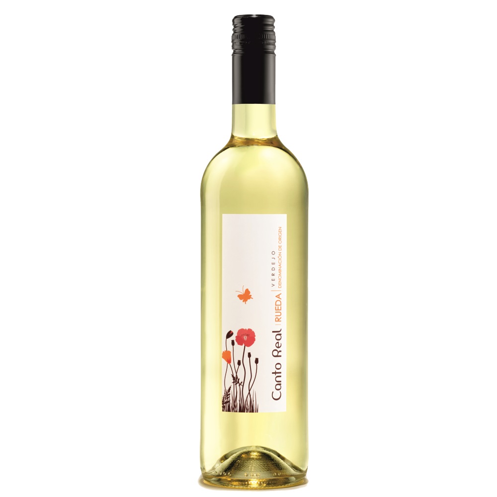 401719_0002 Weißwein Canto Real Verdejo Rueda mit hellem Etikett und Mohnblumenmotiv