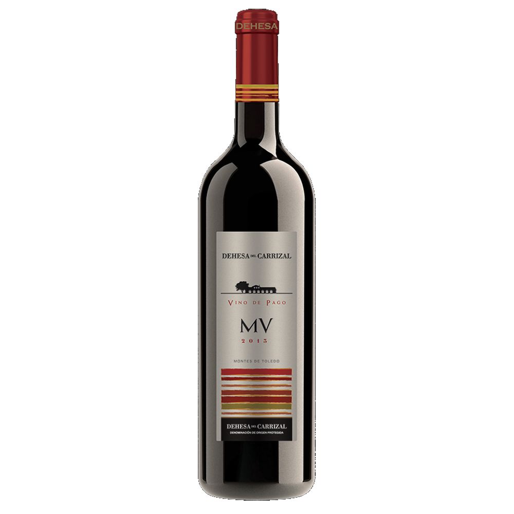 458213_0001 Flasche Rotwein MV vom Weingut Dehesa del Carrizal mit schlichtem Etikett in Grau, Schwarz und Rot, rote Kapsel