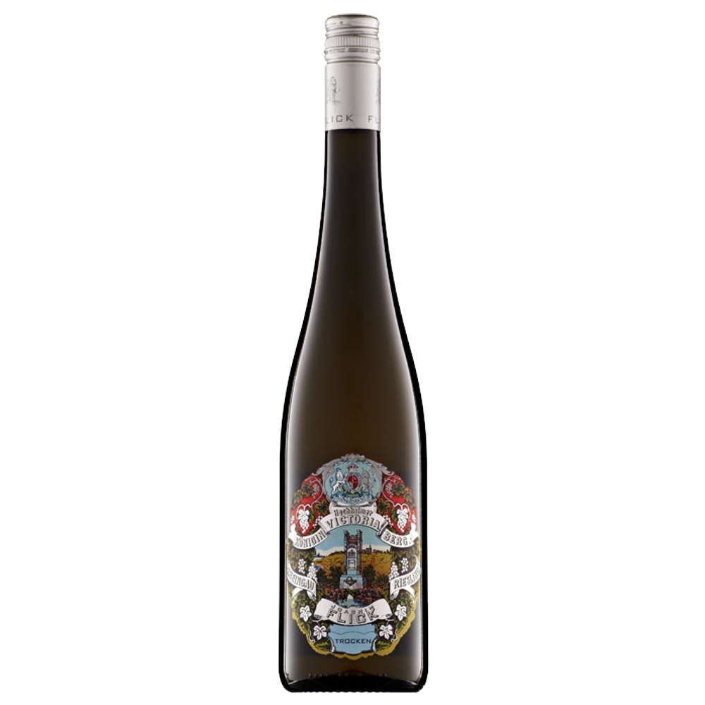 3496_0001 Riesling Victoriaberg Großes Gewächs vom Weingut Flick in schlanker Schlegelflasche mit silberner Kapsel und aufwendig gestaltetem Wappenetikett
