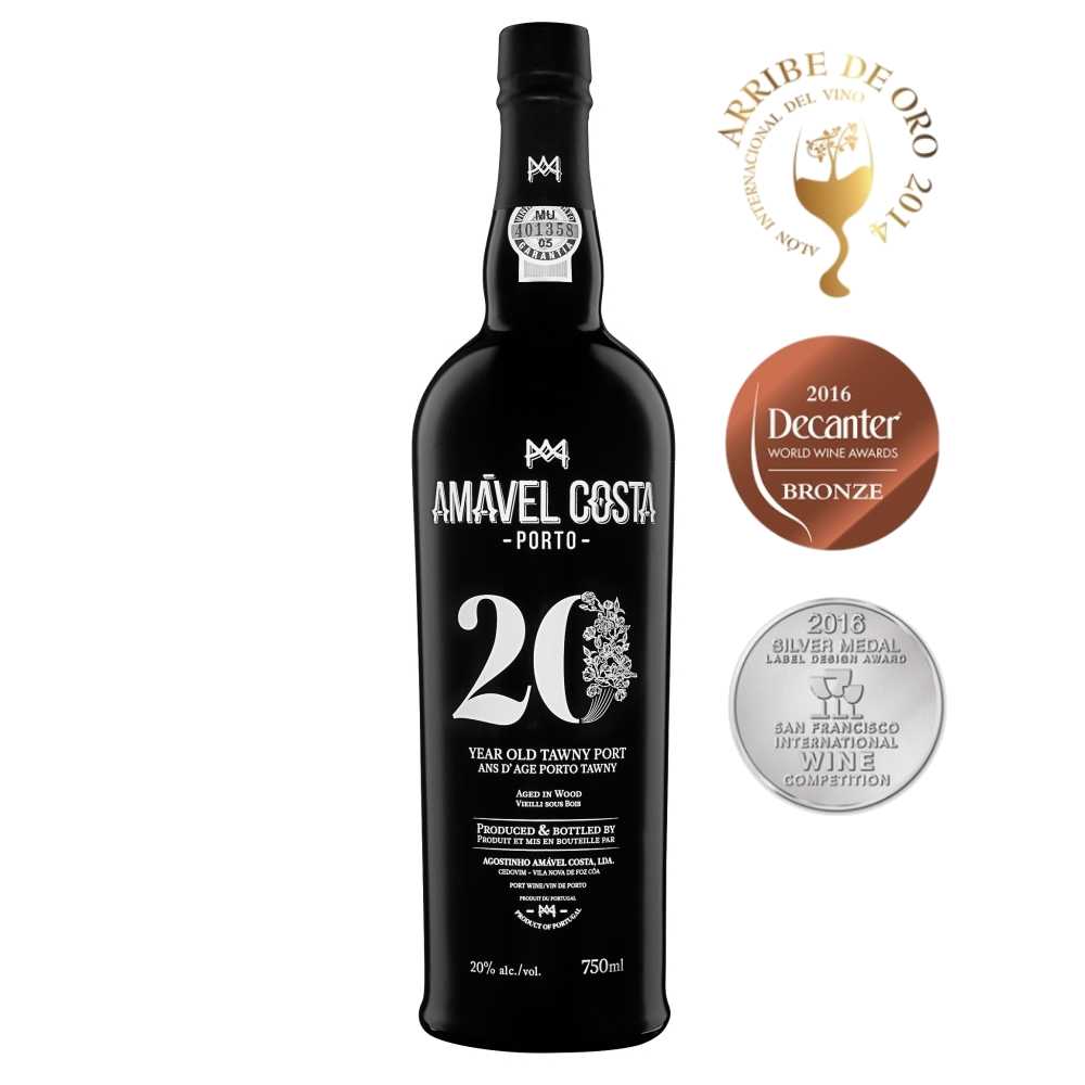 4634-V2_0002 Tawny Portwein vom Weingut Amável Costa, 20 Jahre gereift, schwarze Flasche mit weißer Aufschrift, drei Medaillenabbildungen