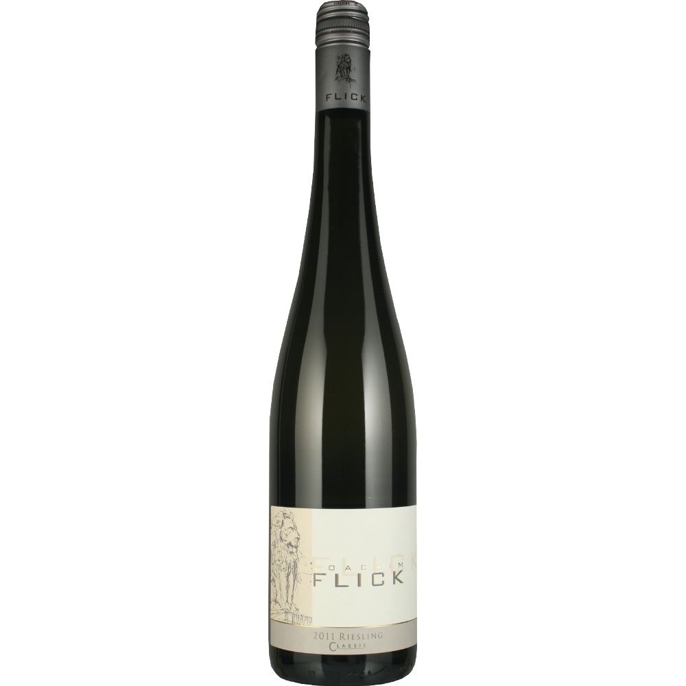 3495_0001 Weißwein Riesling Classic vom Weingut Flick im Rheingau in hoher Schlegelflasche mit silberner Kapsel und hellem Etikett mit klassischem Design