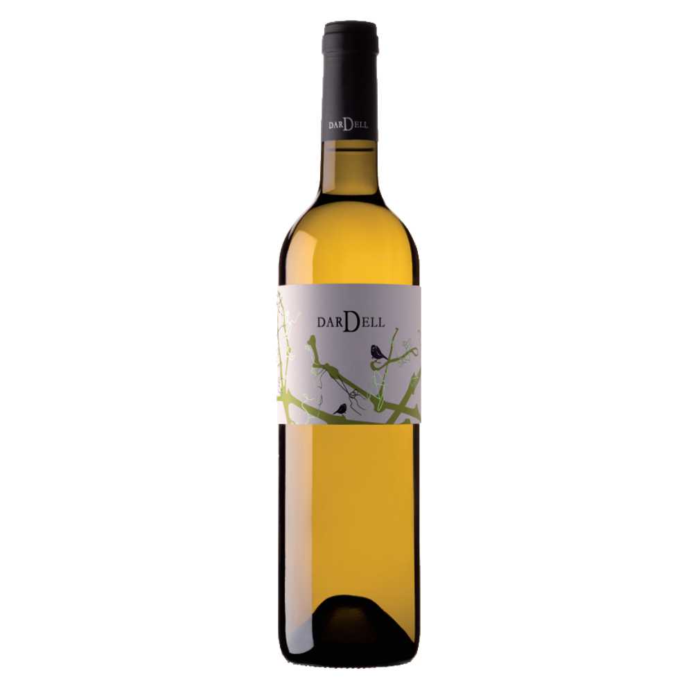 410818_0002 Weißweinflasche mit hellem Schraubverschluss und grün-weißem Etikett mit Zweigen und Vogel – Dardell Blanco Terra Alta Bio
