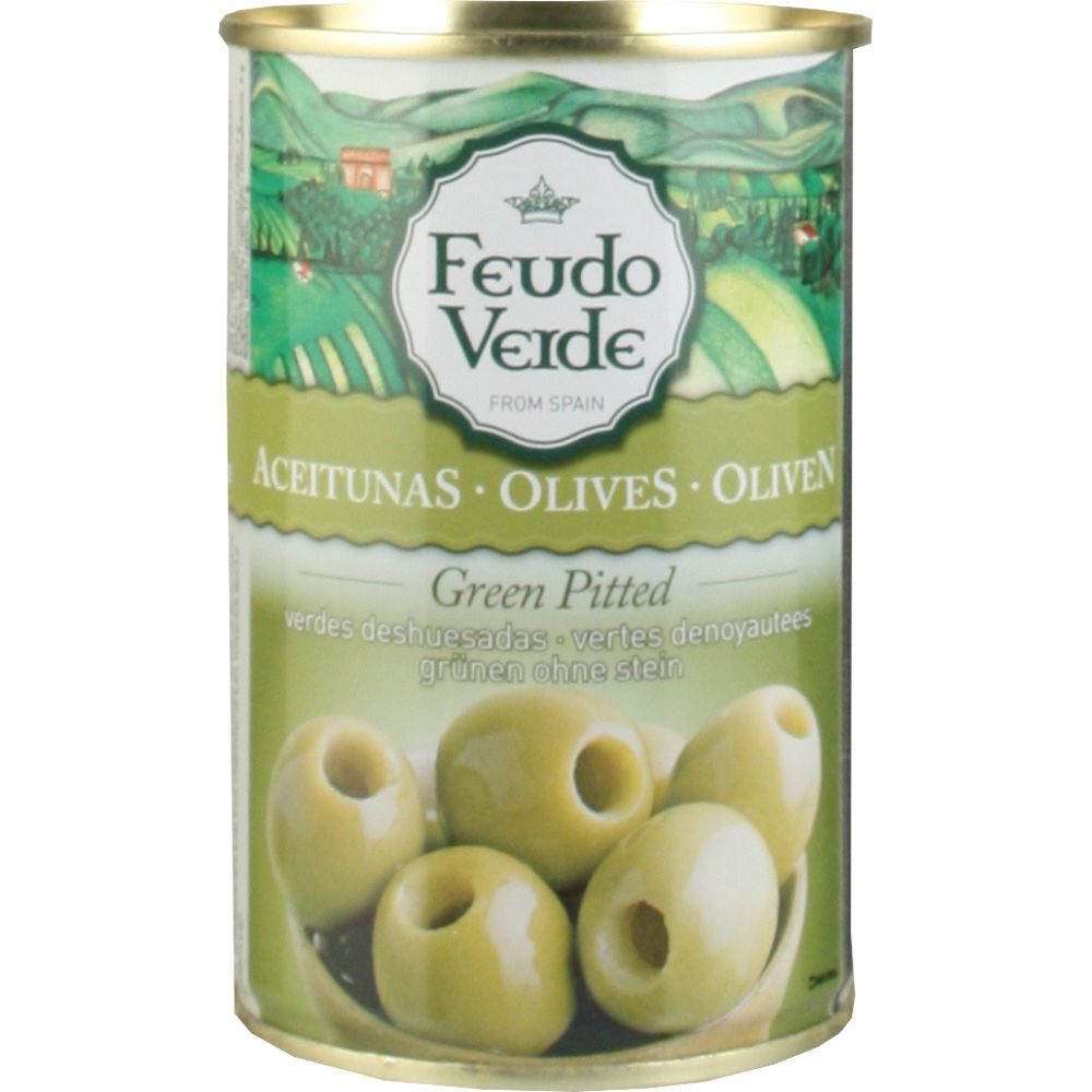 3549_0001 Blechdose Feudo Verde spanische grüne Oliven entsteint, hellgrünes Etikett mit Landschaftsmotiv und grünen Oliven