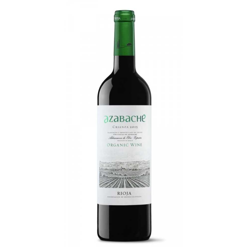 352216_AZABACHE_CRIANZA_BIO_0001 Rioja Bio Rotwein Azabache Crianza in dunkler Bordeauxflasche mit grünem Schraubverschluss und weißem Etikett mit Landschaftszeichnung