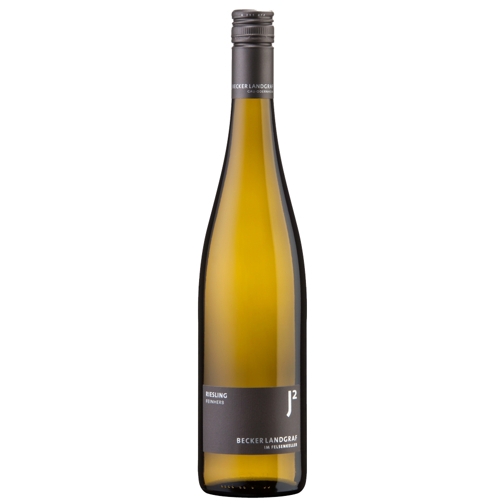 4247_0001 Schlanke Weißweinflasche Becker Landgraf Riesling mit grauem Etikett und silbernem Schraubverschluss
