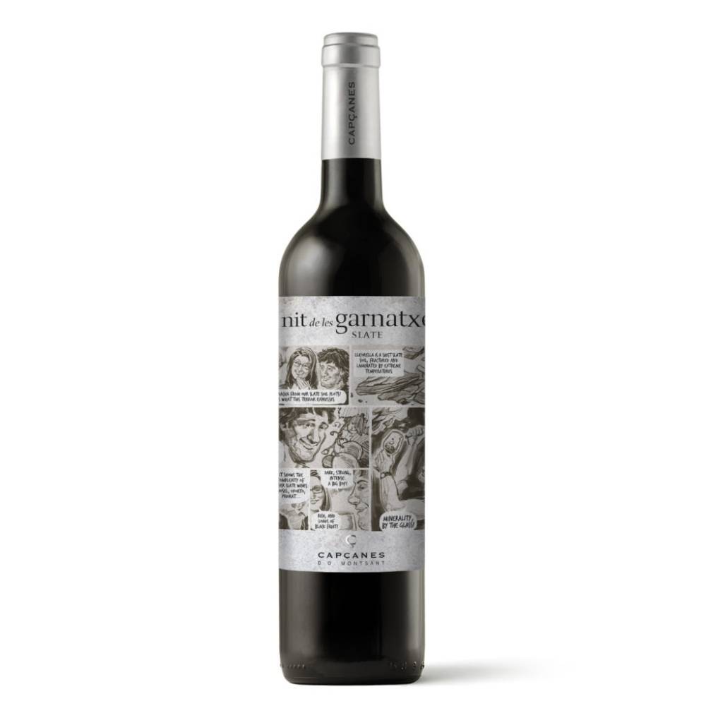 433520_CAPCANES_LLICORELLA_0001 Rotwein Capcanes La Nit de les Garnatxes Llicorella Schiefer in schlanker Flasche mit silberfarbenem Korkverschluss und comicartigem Etikett