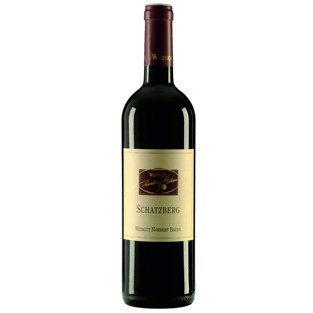 3725_0005 Rotweinflasche Cuvée Schatzberg vom Weingut Bauer mit beigem Etikett und bordeauxroter Kapsel
