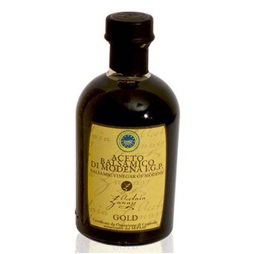4529_0001 Kleine, dunkle Essigflasche mit goldenem Etikett, Aufschrift Aceto Balsamico di Modena Gold
