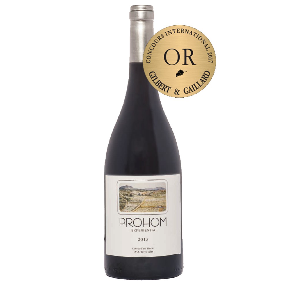 455115_0001 Flasche Rotwein Prohom Experientia vom Weingut Celler de l’Arboc, Bio-Wein mit silberner Kapsel, weißem Etikett mit Landschaftsbild und goldener Medaille am Hals