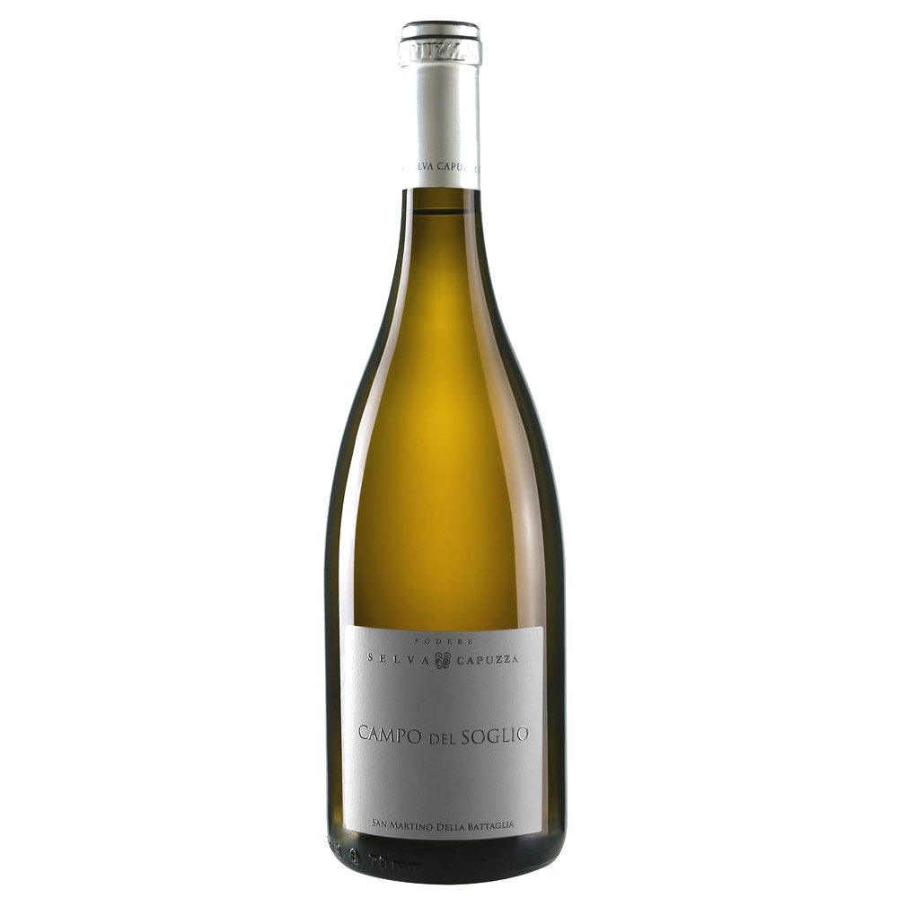 337618B_CAMPO_DEL_SOGLIO_SELVA_CAPUZZA_GARDASEE_0002 Weißweinflasche „Campo del Soglio“ vom Weingut Selva Capuzza, mit silbernem Schraubverschluss und schlichtem grauen Etikett