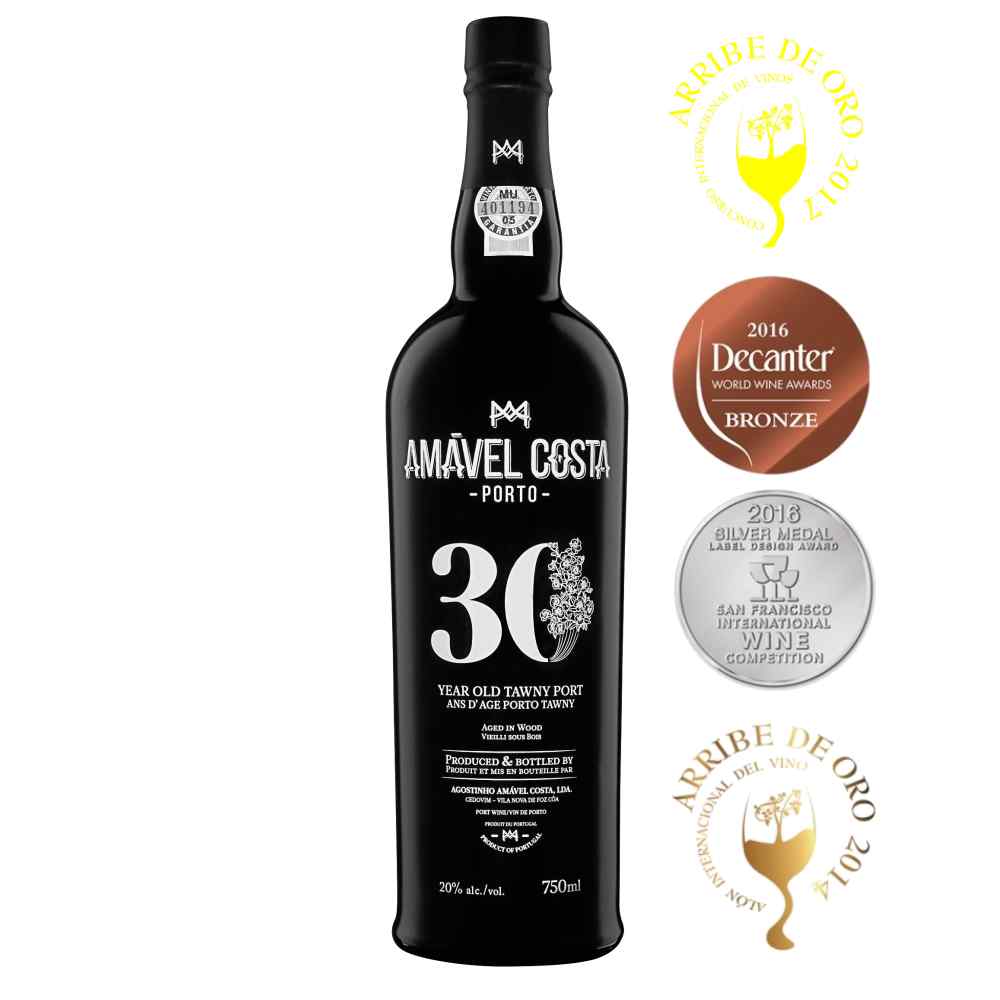 4635_0002 Tawny Portwein vom Weingut Amável Costa, 30 Jahre gereift, schwarze Flasche mit weißer Aufschrift, vier Medaillenabbildungen