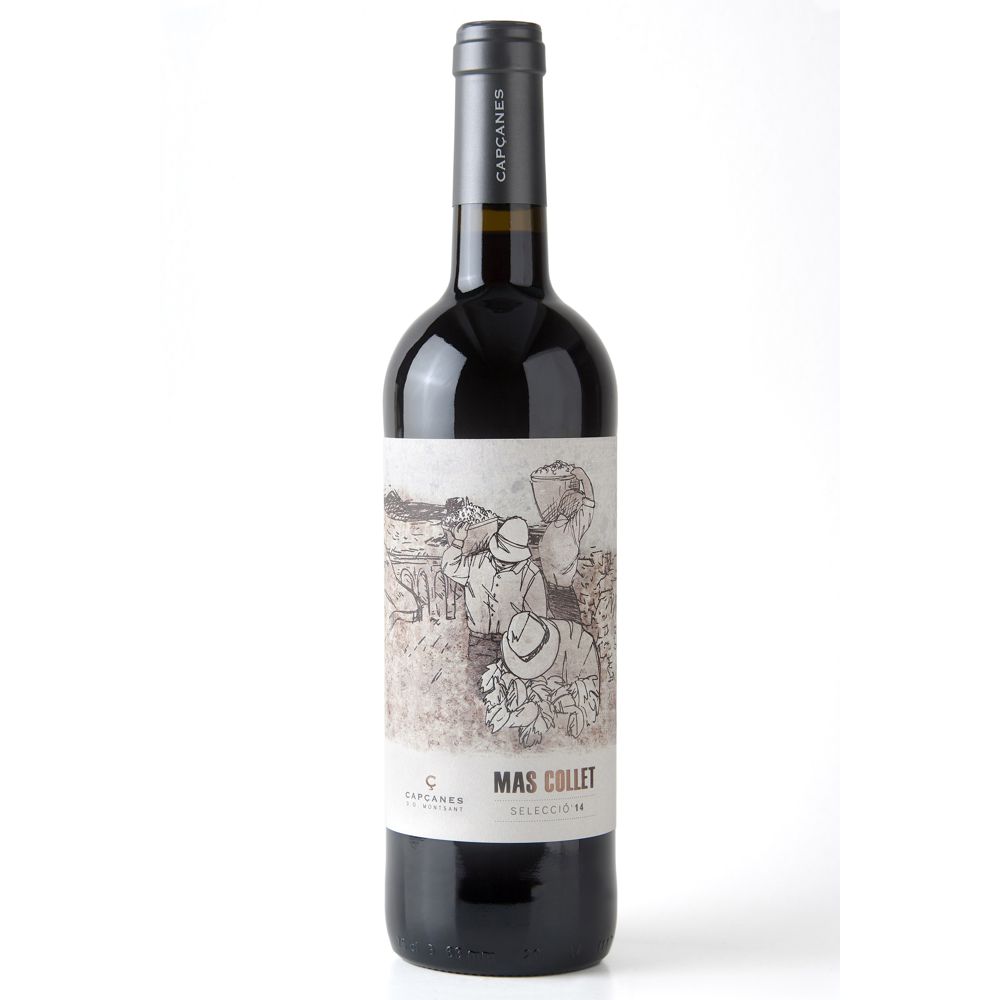 363214_0001 Rotwein Mas Collet Selecció Capçanes Montsant mit gezeichnetem Etikett auf dunkler Flasche und schwarzer Kapsel