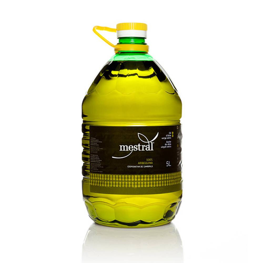 430003A_MESTRAL_OLIVENOEL_ARBEQUINA_PET_5_LITER_0002 Arbequina Mestral Olivenöl Virgen Extra in grüner 5-Liter-PET-Flasche mit gelbem Tragegriff und schwarzem Etikett