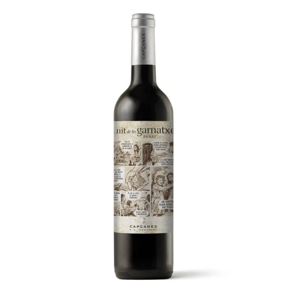 433619_CAPCANES_PANAL_SAND_0001 Rotwein Capcanes La Nit de les Garnatxes Panal Sand in schlanker Flasche mit silberfarbenem Korkverschluss und comicartigem Etikett