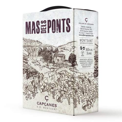 400521_MAS_DELS_PONTS_2019_0001 3 Liter Bag-in-Box Mas dels Ponts von Capçanes mit gezeichneter Landschaft, Rotwein aus der Region Montsant