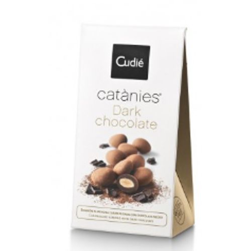 431812_0002 Schachtel Catanies Pralinen Dark Chocolate von Cudié mit dragierten Mandeln in dunkler Schokolade auf der Vorderseite