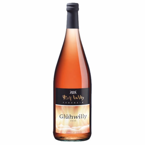 421402_GLUEHWILLY_ROSE_0001 Roséfarbene Flasche mit schwarzem Etikett und goldener Schrift „Glühwilly“ – Rosé-Glühwein