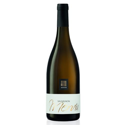 444016_SAUVIGNON_BLANC_MERVIN_MERAN_SUEDTIROL_0002 Weisswein Sauvignon Blanc Mervin Meran Südtirol, Flasche mit weiß-goldenem Etikett und Korkverschluss