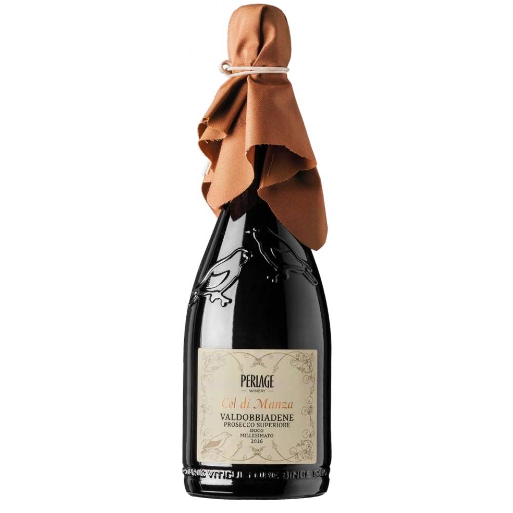 400819_PERLAGE_COL_DI_MANZA_0003 Prosecco Superiore Valdobbiadene Col di Manza von Perlage mit beigefarbenem Stoffüberzug auf schwarzer Flasche